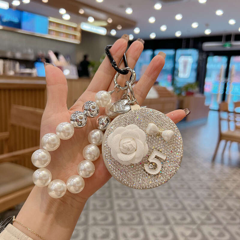 DHpet_wholesale Glamorous Camellia Mirror Keychain - Crystal-Studded Compact Mirror with Beaded Chain, Korean Style Bag Charm Gift (103g)