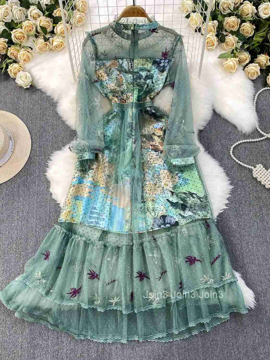 Elegant Floral Dots Embroidery Evening Luxury Dresses Women Summer Long Sleeve Tulle Princess Cake Vestidos Midi Print Dress