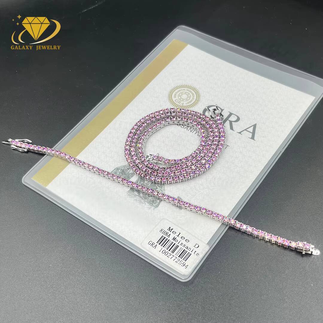 Fashion Jewelry Iced Out Pink Moissanite Colorful 3mm Moissanite Diamond Tennis Chain Tennis Bracelet for Women Men