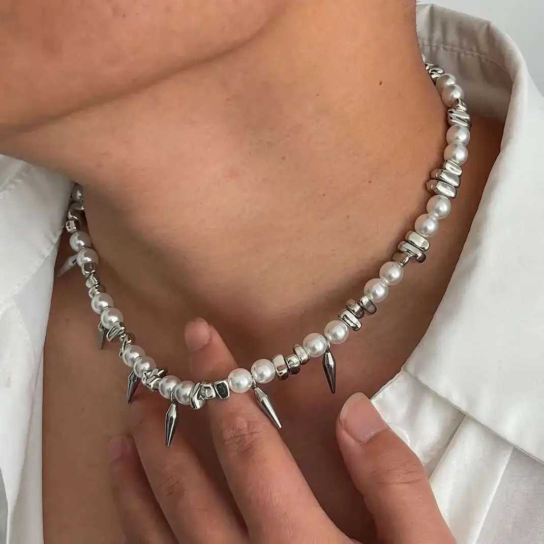 Ingemark Hip Hop Stainless Steel Imitation Pearl Chain Necklace for Men Trend 2025 Goth Rivet Pendant Choker Grunge Jewelry Gift Y250805