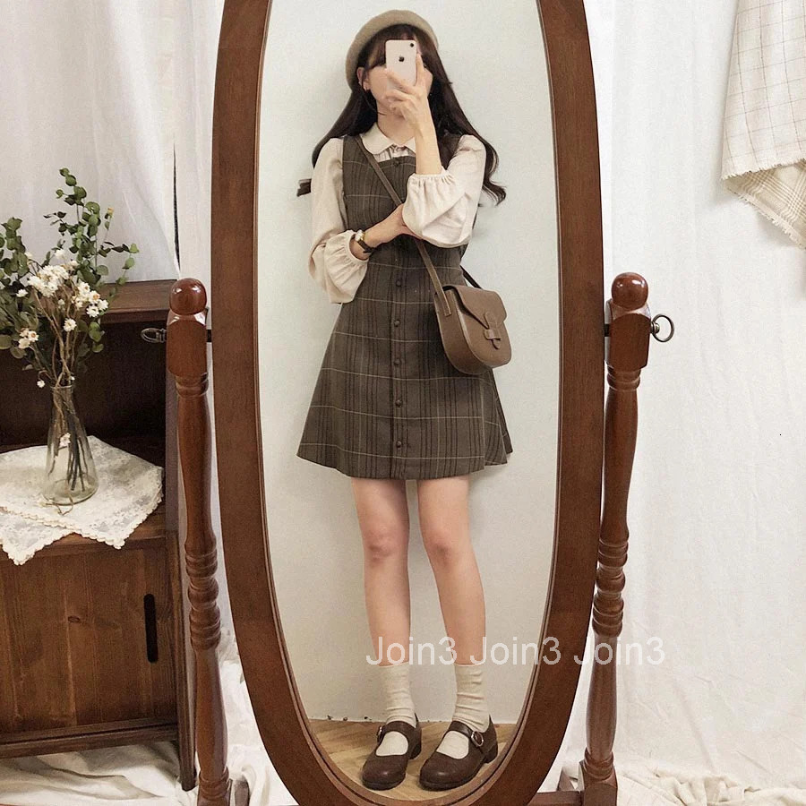 Preppy Sty Japan Girls Matching Outfits Date Lady Autumn Spring A Line Women Plaid Shirt Dress