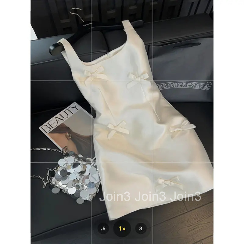 Women Elegant Mini Dress Satin Bow Decor Sleeveless Square Neck Slim Fit Suit French Style Party Club Night Summer Outfit