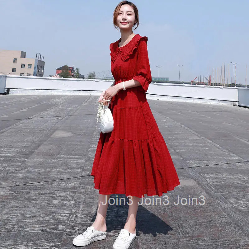 Midi Fashion Elegant Puff Sleeve Summer Light Dress Aesthetic Tunics Vintage Casual Korean Womens Dresses Chiffon Loose