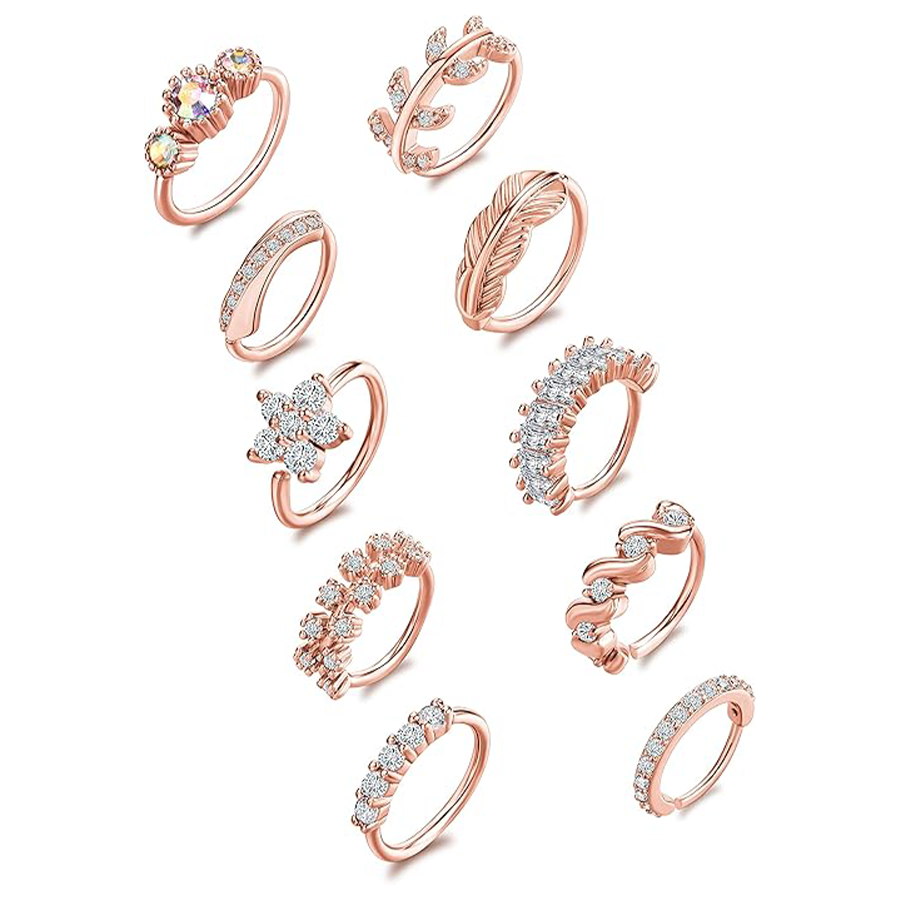 10Pcs Nose Ring Hoop Paved Flower Leaf Feather CZ Cartilage Earrings Nose Piercing Jewelry for Women Men Rose Gold Tone 20G