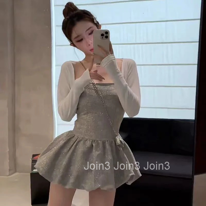 Fashion Sequin Sleeveless Puff Dress Y2K Summer Sexy Tube Top Slim Mini Dress Korean Elegant Patchwork Party Night Vestidos