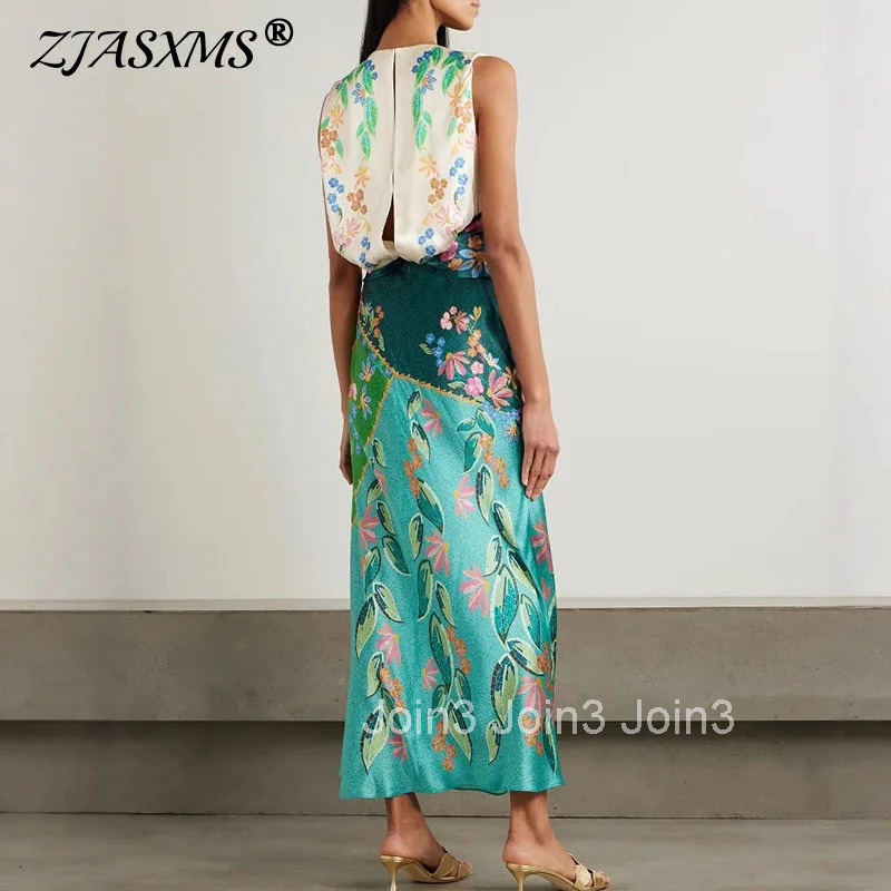 Retro Printed Satin Twisted Dress for Women Summer New Casual O Neck Zippers Boho Dress Elegant Sleeveless Hollow Out Long Dress