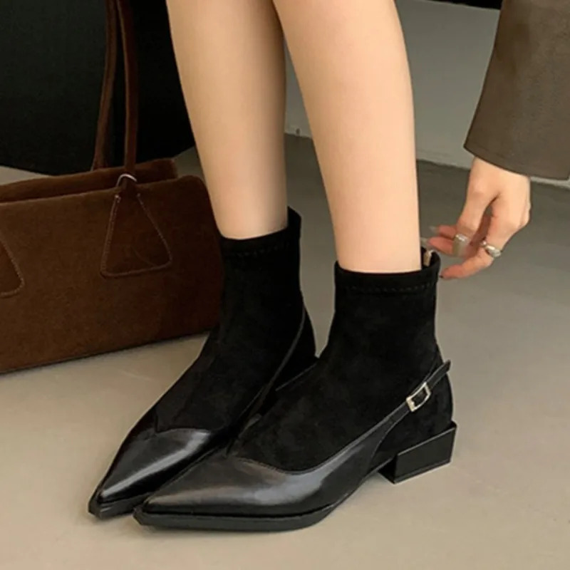 Ankle Boots Womens Thick Heels Mid Heels Suede Pointed Toe 2025 Trend Autumn Outdoor Walking Lightweight Chelsea Boots 250805