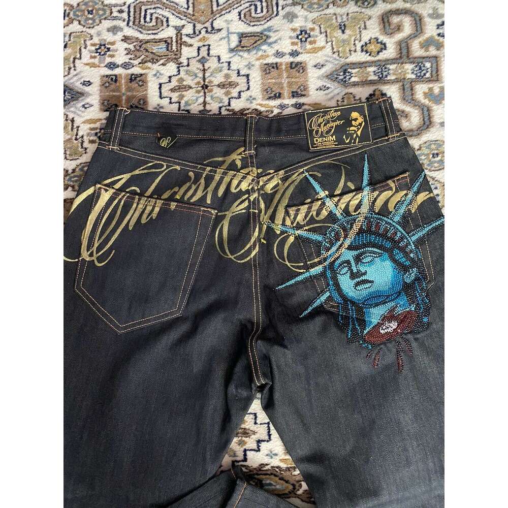 American Style Statue of Liberty Rhinestone Jeans for Men High Street Design Loose Versatile Straight Pants Trendy