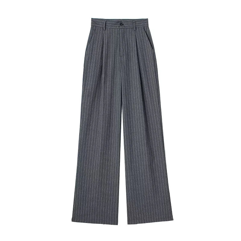 TRAF Striped Straight Pants Autumn Womens Elegant Pleated Long Ladies Fashion Casual Office Beige Grey Black 250806