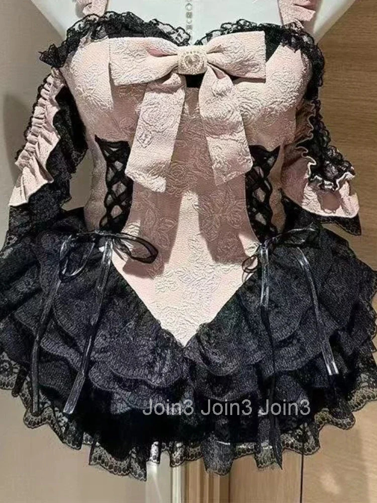 Summer Sweet Elegant Women Lolita Dress Y2k Lace Off Shoulder Design Short Party Dress Female Retro Chic Korean Popular Clothes