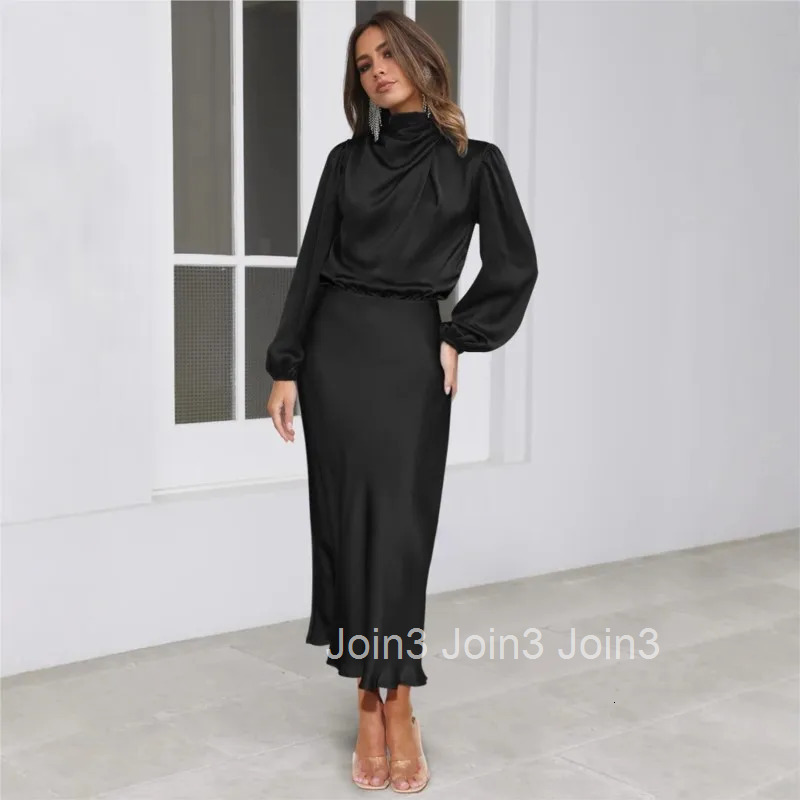 Elegant satin high neck back hollow button long sleeved dress spring and autumn womens fashion temperament party evening dress