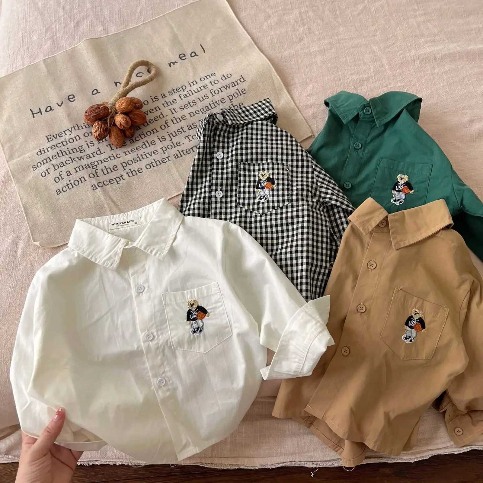 Childrens White Shirt Autumn 2024 New Boys Girls Korean Version Little Bear Embroidered Long-sleeved Plaid Lapel Shirt Trend X250806