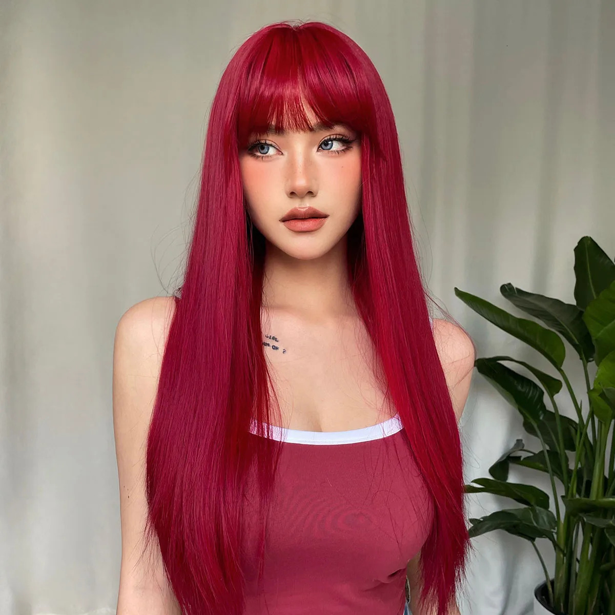 Light Wine Red Synthetic Wigs With Bangs for Women Long Straight Hair Wig Natural Cosplay Party Heat Resistant 250805