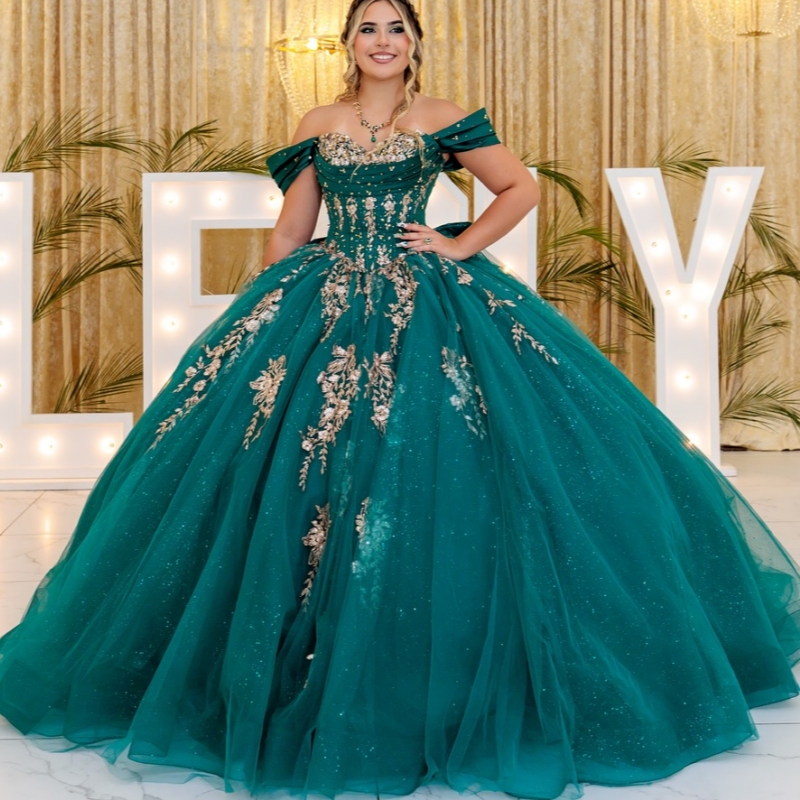 Blackish Green Shiny Quinceanera Dresses Ball Gown Off The Shoulder Applique Lace Beads Bow Tull Party Birthday Sweet 16 Dress Vestidos 15 Anos