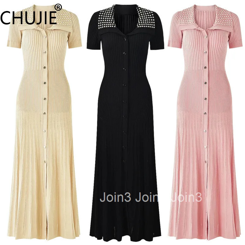 French Elegance Summer Womens Knit Dress | Notched Lapel Beaded Midi Dress | Slim Fit Short Sleeve Tunic