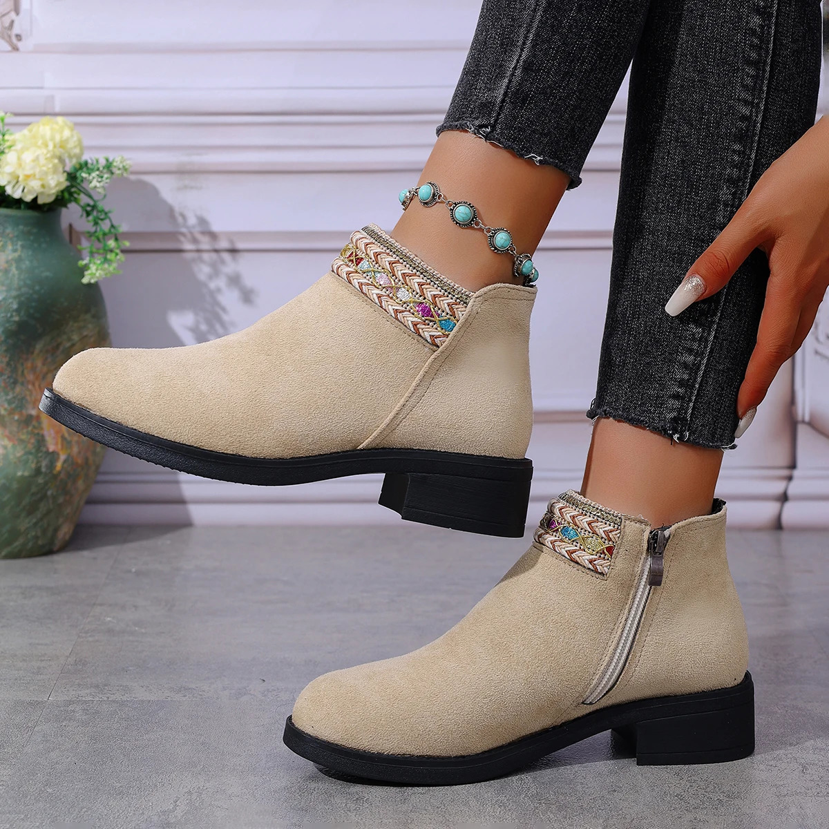 Womens Shoes Rhinestone Short Boots Round Head Chunky Heel Shoes Side Zip Tassel Pendant Comfortable Non-slip Party High Heels 250805