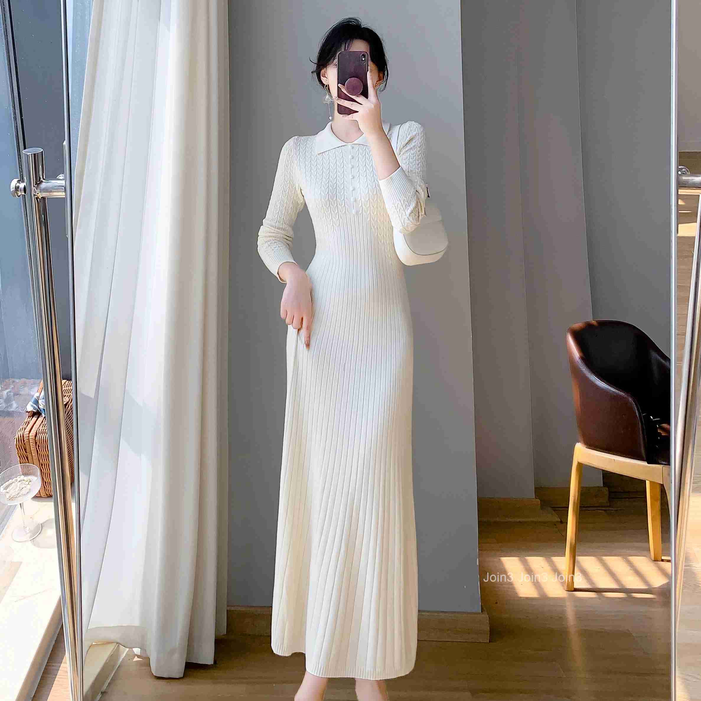 New Autumn Winter Sweater Dress Women Purple White Or Black Buttons High Waist A Line Elegant Knitted Dresses Female