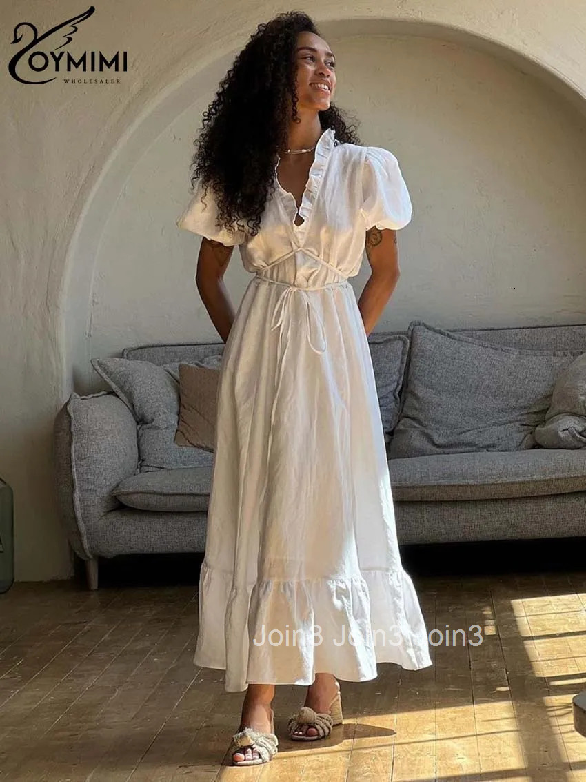 Elegant White Cotton Womens Dresses Fashion Short Sleeve V-Neck Lace-Up Dresses Summer Loose Ankle-Length Dress Female