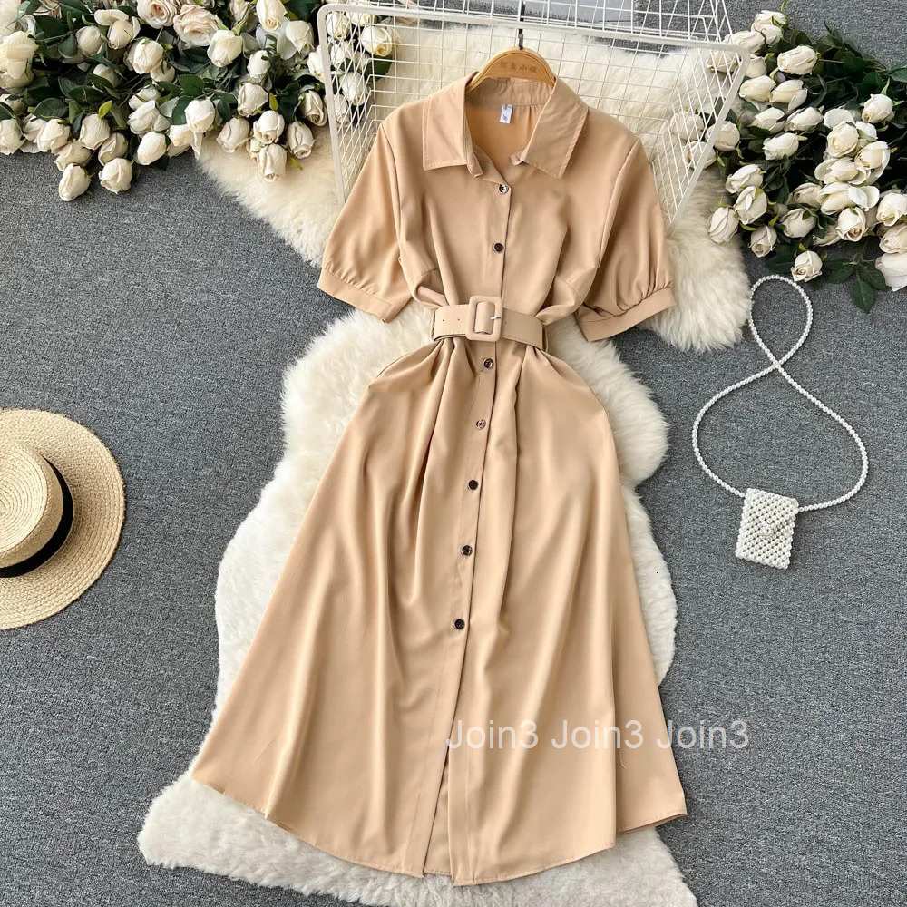 Summer Vintage Green/Blue/Red Turn-Down Collar Single Breasted Dress Casual Short Sleeve High Waist A-Line Midi Robe New Fashion