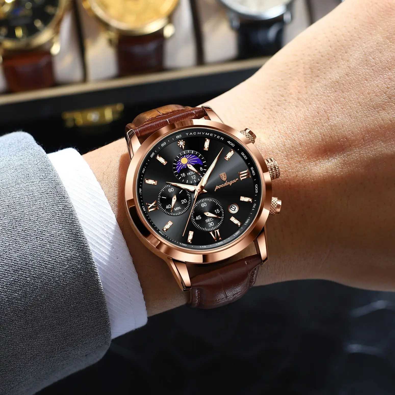 POEDAGAR Luxury Sports For Men Waterproof Luminous Date Chronograph Mens Wrist Leather Quartz Mens Watch W250806