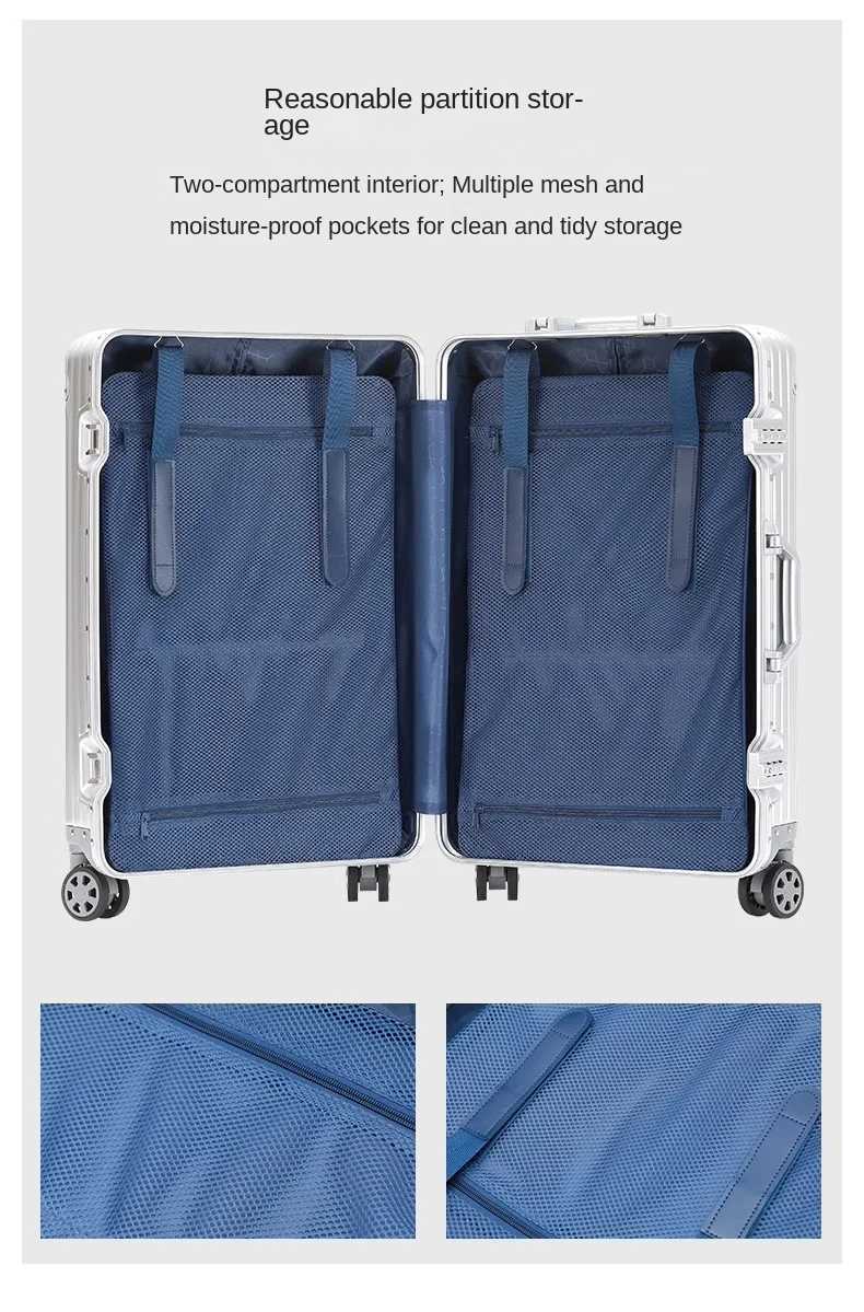 100% Aluminum Suitcase Metal Hard Travel Case Carry-on Luggage Universal Wheel 20/24/30 inch Cabin Suitcase Aluminum Frame W250805