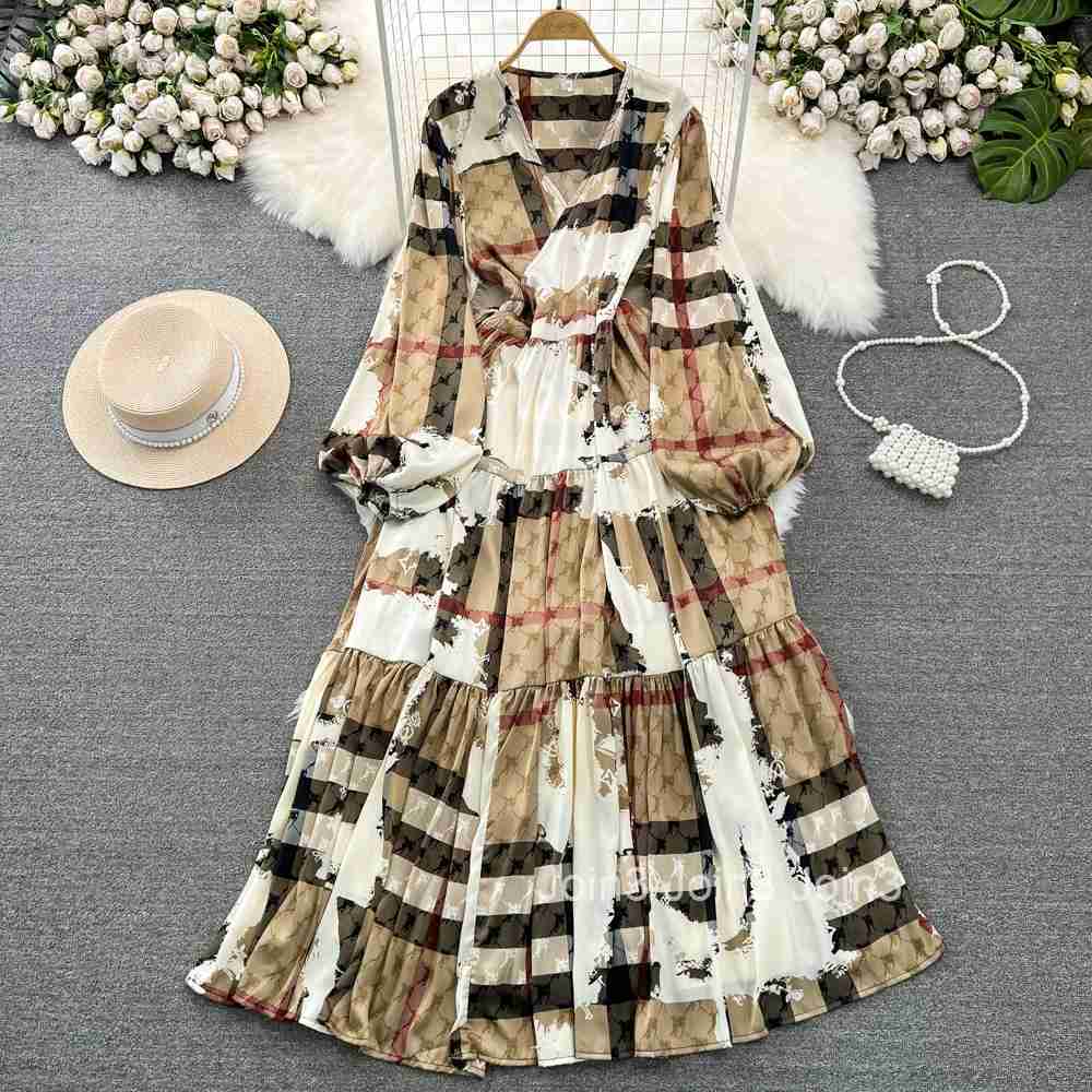 Chic Print Elegant Women Long Sleeve Lace Up Loose Maxi Dress A-line High Waist Holiday Party Female New Autumn Fashion Robe