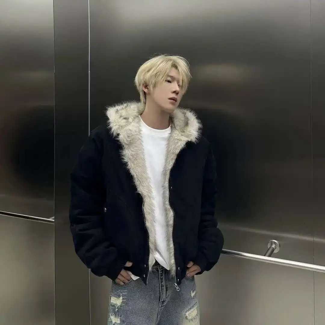 American Retro Winter Thick Woolen Collar Hooded Cotton Jacket Plush Top Men Street Hip Hop Gothic Harajuku Oversize Jacket Coat W250806