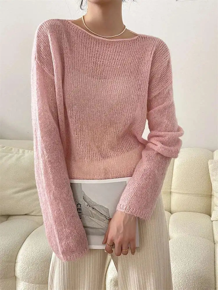 LANMREM Thin Knitted Sweater Women Long Sleeves Solid Color Transparent Pullover Female Fashion Top 2025 Spring Winter 2R4360 250806