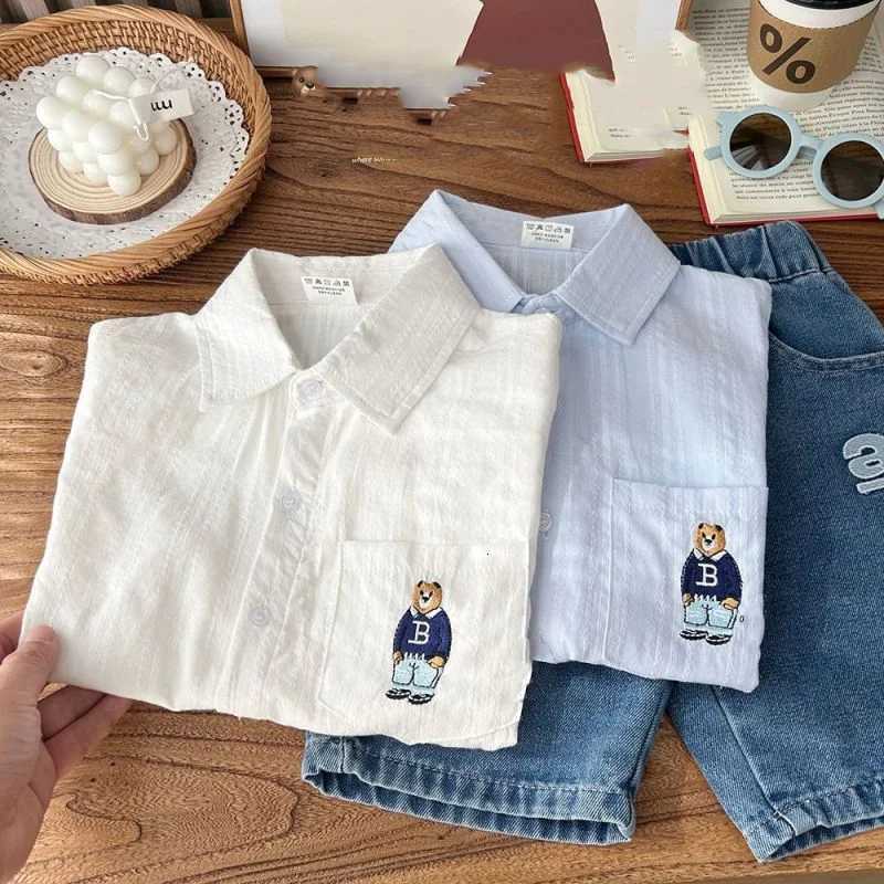 2024 Korean Boys New Summer Short Sleeve Stylish Loose Casual Polo-Neck Button Screw Thread Cartoon Embroidery Shirt Tops X250806