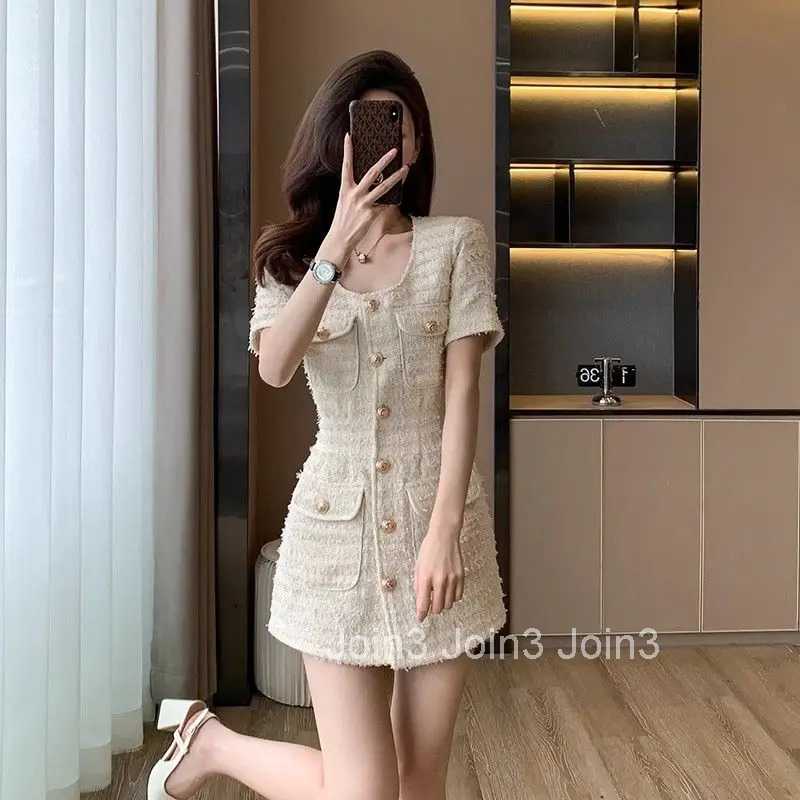 Tweed Vestidos Single Breasted A-line Dress Women Elegant Sweet Waisted Slim Pocket Dress Summer Celebrity Banquet Chic Clothing