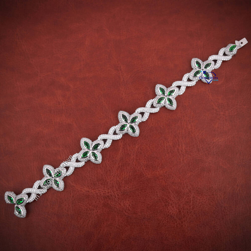 Charm Colorful Marquise Eye Moissanite Four Leaf Clover 14k Solid Gold Cuban Chain Bracelet Mens Women Jewelry Bracelet