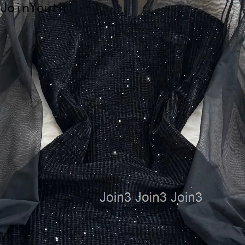 Temperament Robe Femme Black Patchwork Gauze Dress Women Vestidos De Mujer Lantern Sleeve Velvet Sequin Bodycon Dresses