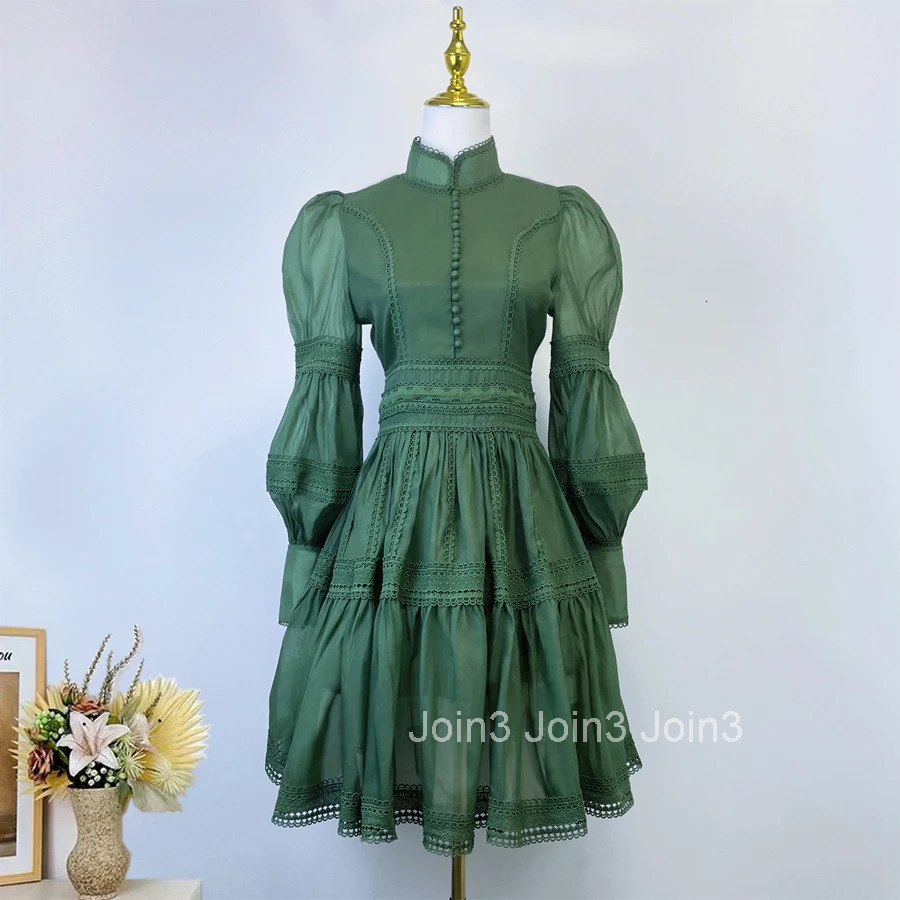 Runway Designer Embroidery Lace Patchwork Party Night Dress High Quality Lantern Sleeve Stand A Line Vintage Elegant Dress