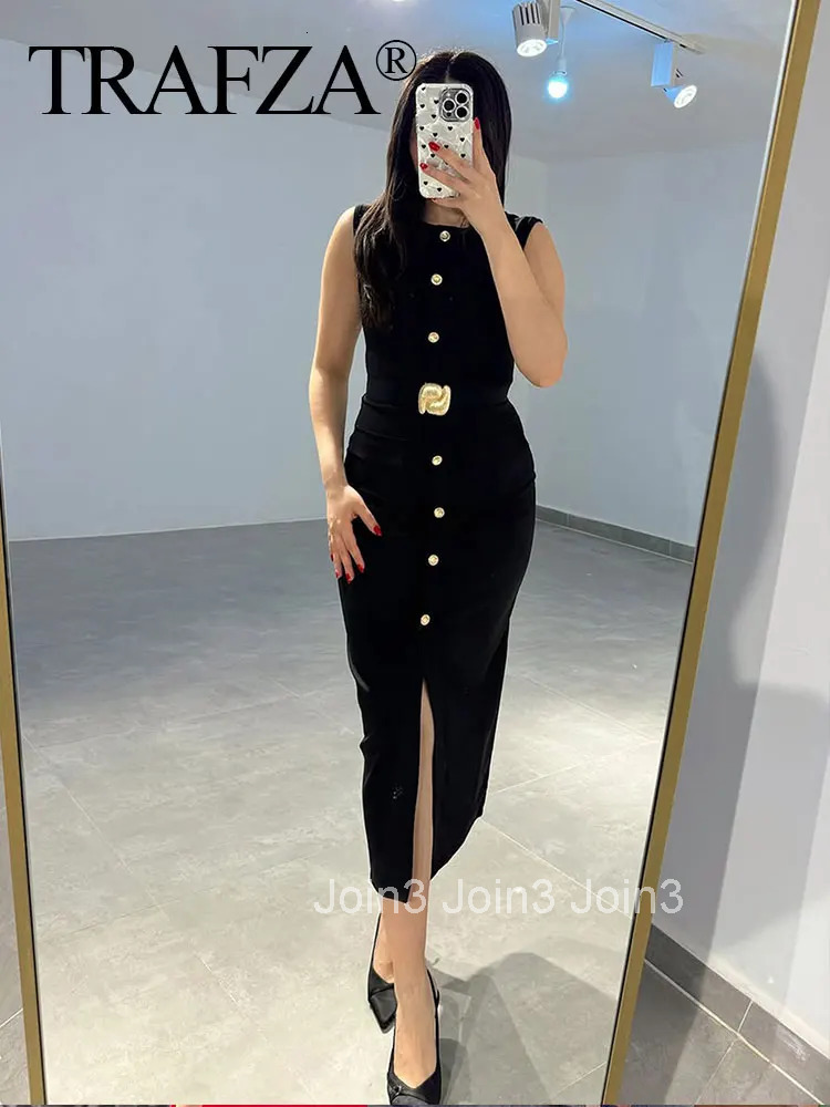 Female Summer Elegant Midi Dress O-Neck Hem Slit With Belt Sleeveless Single Breasted Back Zipper Fashion Long Dress