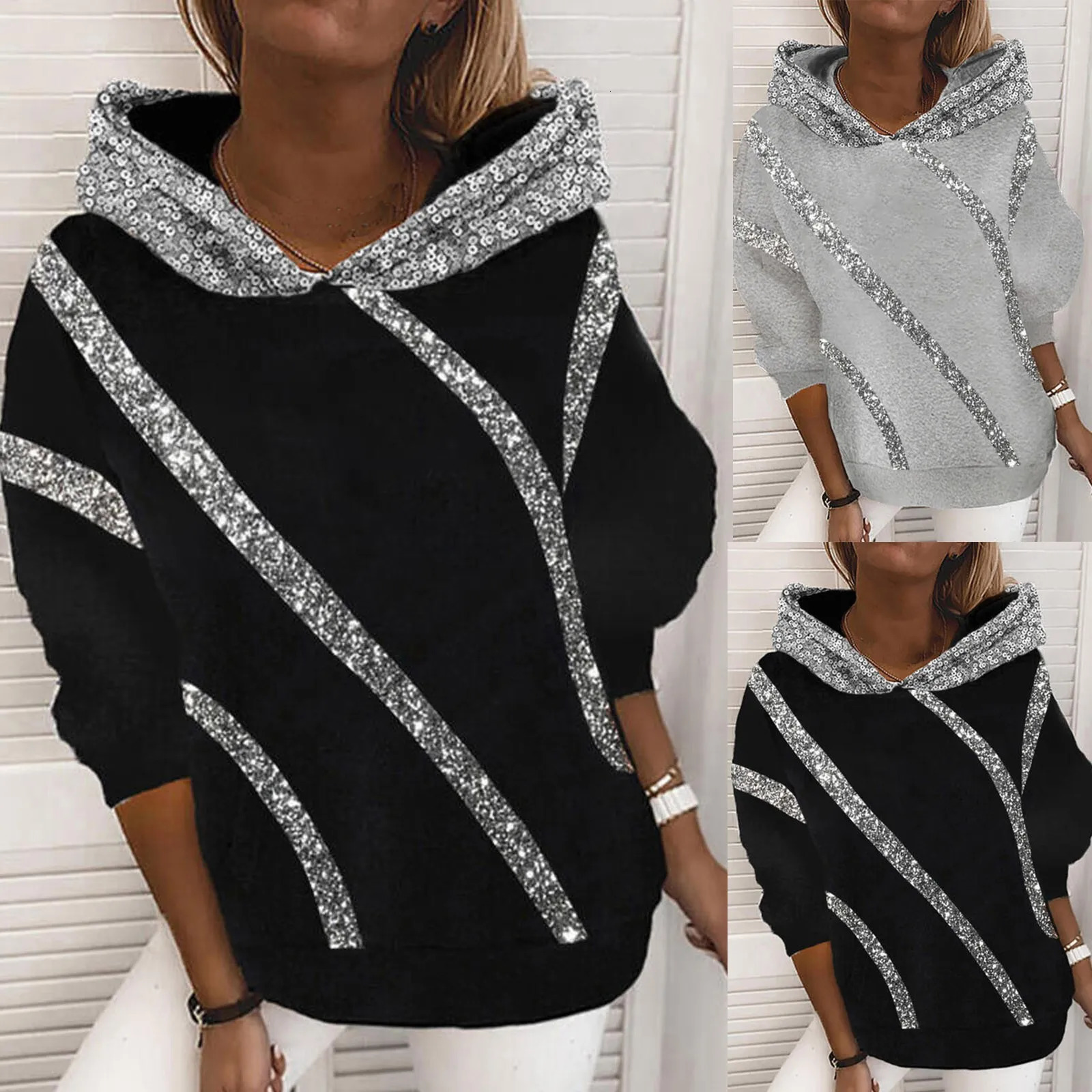 Fashion Trend Autumn and Winter Pop Sequins Printed Loose Hoodie Woman 250806