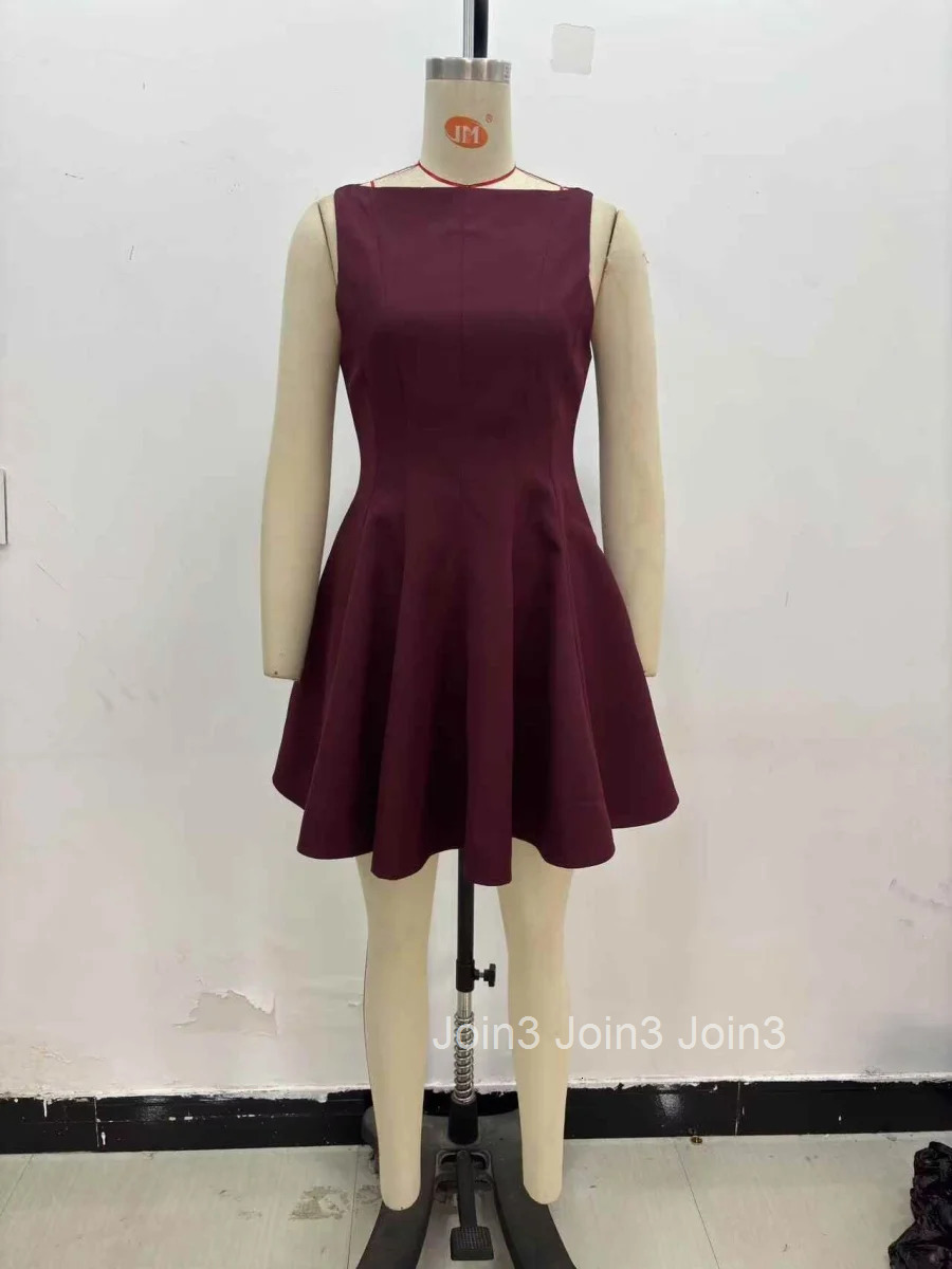 ETJAutumn/Winter New TRAF womens elegant sexy wide swing waist sleeveless boat neck short dress Little black dress 3067230