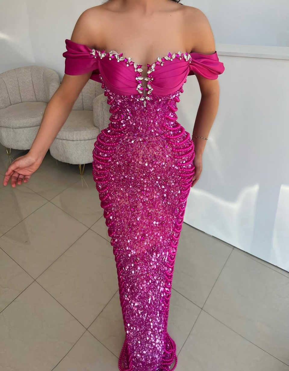 Fashion Mermaid Prom Dress Crystal Beading Off Shoulder Sequined Evening Gowns Formal Party Second Reception Birthday Robes Customized