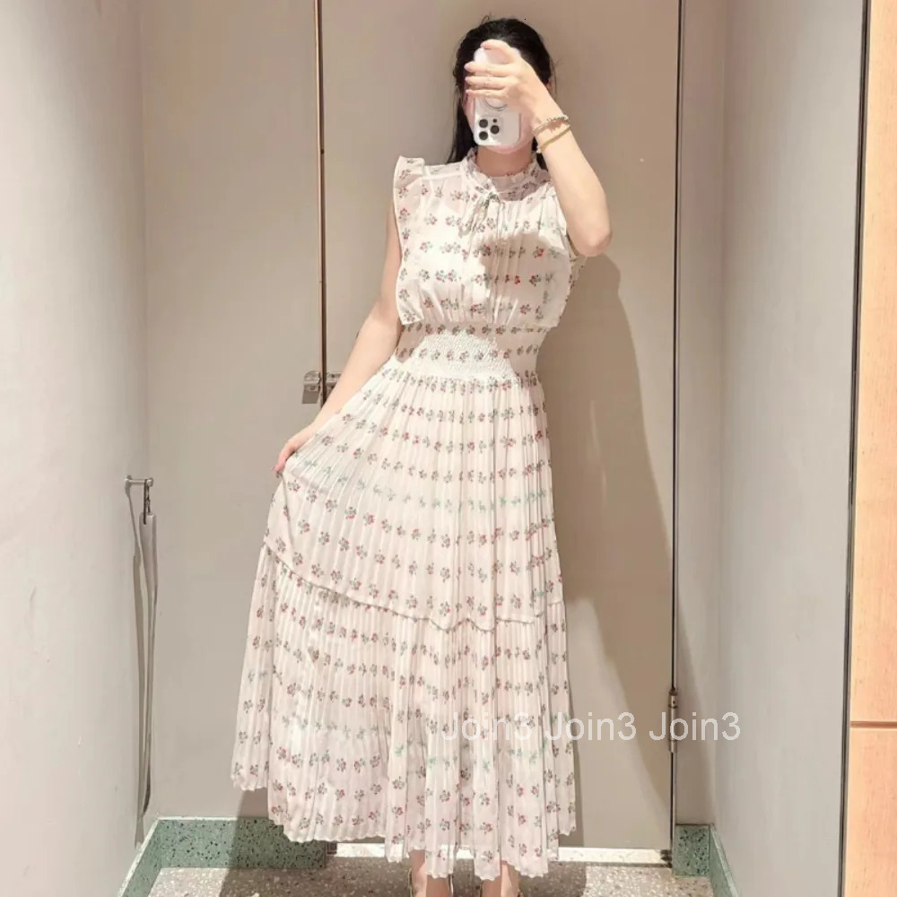 Fresh Mid-length Print High Waist Robe New Gentle Literary Lace Up Pleated Slim Exquisite Mujer Japan New Elegant Dress