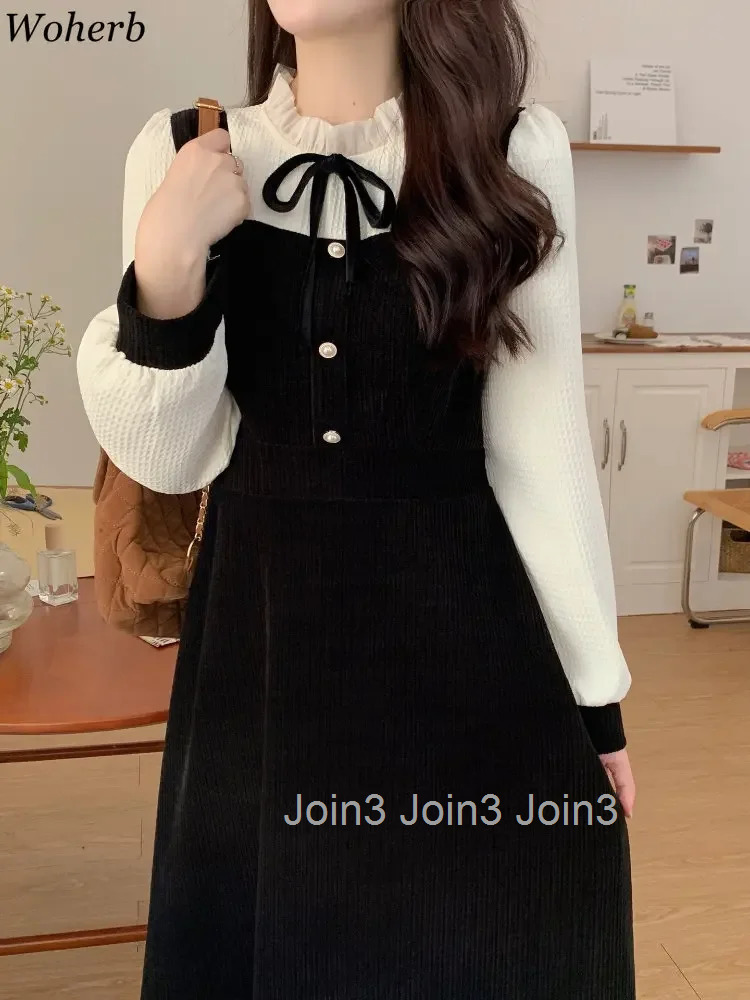 Woherb Fashion Women Dress Patchwork Knitted Tunic Robe Vestidos Elegant Black A-line Dresses Pull Sleeve De Mujer