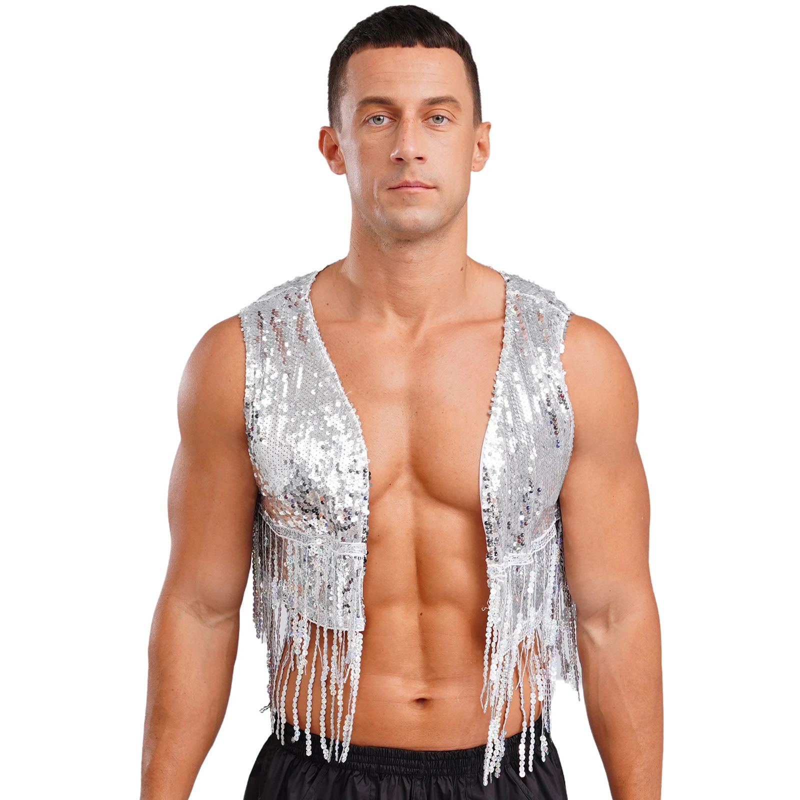 Mens Cowboy Western Costume Shiny Vintage 70s Disco Costumes Fringe Sequin Waistcoat Sleeveless Open Front Cropped Vest Cardigan 250805