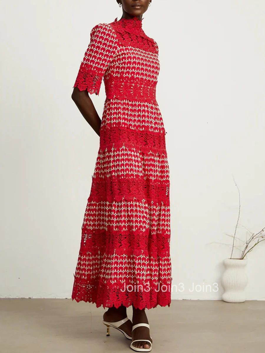 Embroidery Slimming Dress Women Stand Collar Half Sleeve High Waist Hollow Out Temperament Dresses Female Fashion