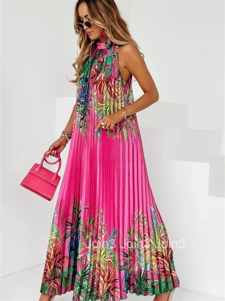 Wmstar Women Dress Lady Casual Loose Halter Pleated Maxi Fashion Leaf Print Sleeveless Beach Boho Elegant Halter Long Dresses