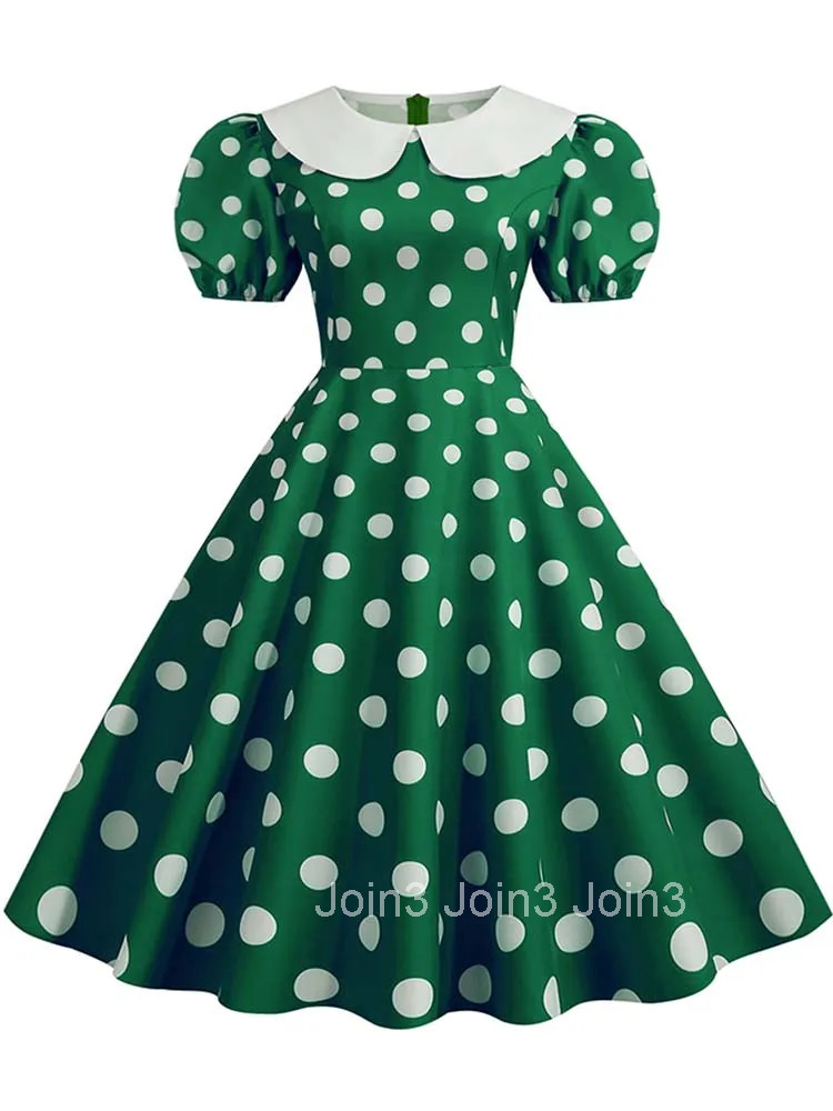 Peter pan Collar Elegant Women Summer Dress Puff Short Sleeve Polka Dot Vintage Dress A-line Midi Party Sundress