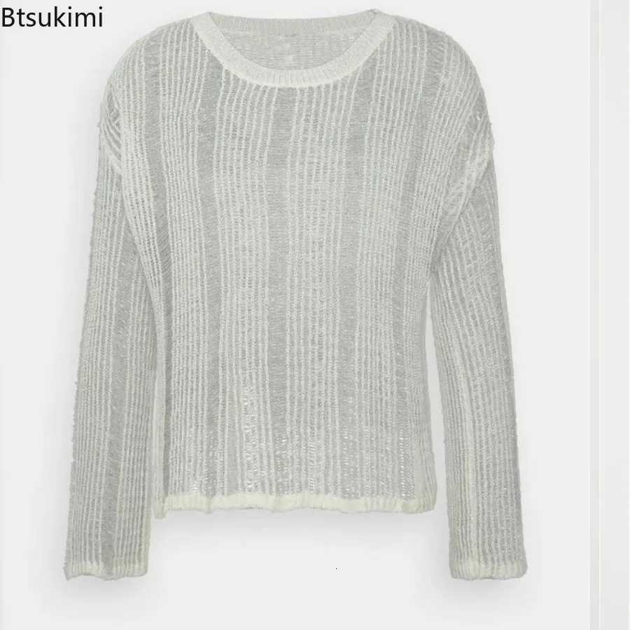 Mens Spring Autumn Sweater Woven Solid Color Mesh Sweater Knit Loose T-Shirt Long Sleeve Sexy T-shirt Fashionable Versatile Top W250806 - view 7