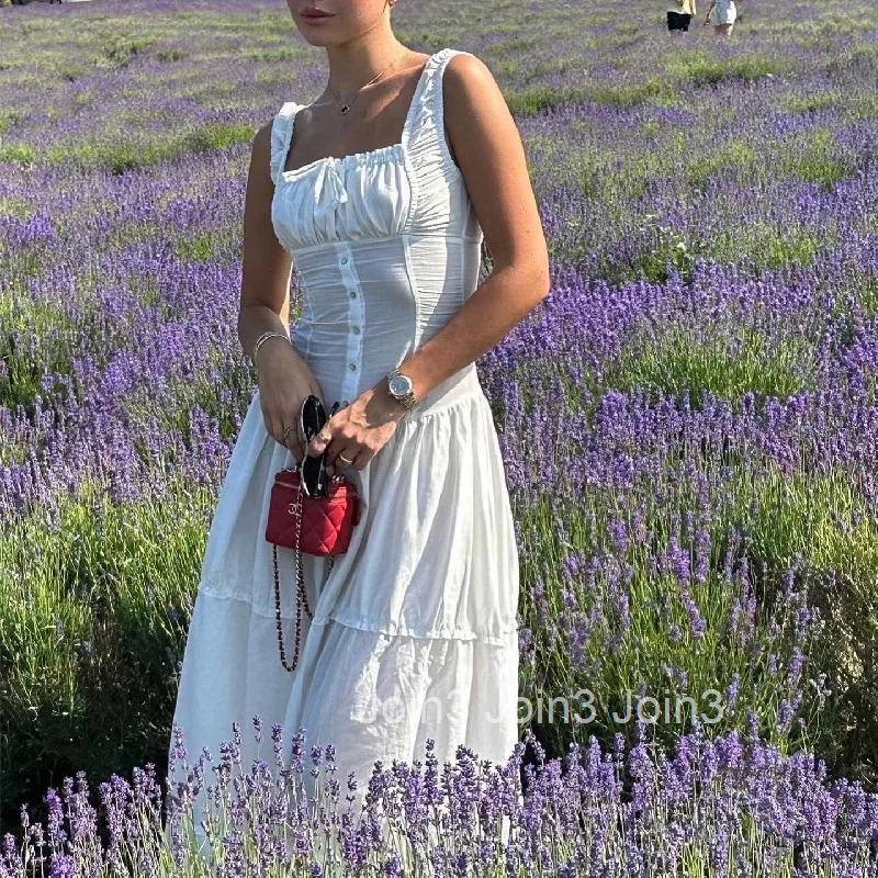 Candyhot Elegant Square-neck White Maxi Dress Casual Summer Slim Lace Up Sleeveless Dreses French Party Beachwear Vestidos