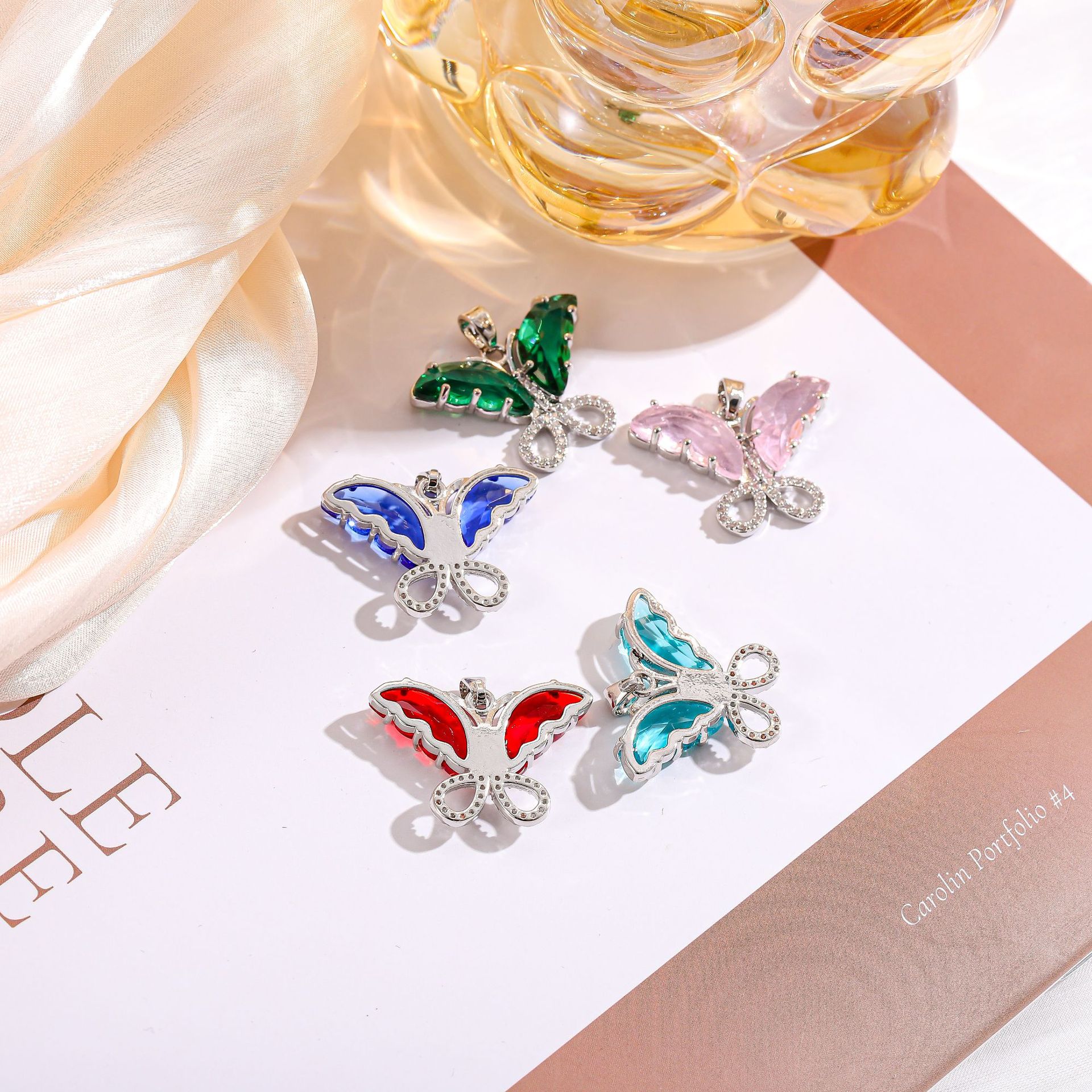 Glass copper edging double-sided three-dimensional wing butterfly Charms DIY jewelry accessories necklace material
