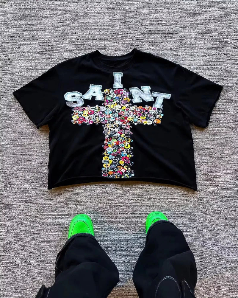 Summer Streetwear Men Women Harajuku Vintage Cross Graphic Print Oversized T Shirt Goth O-neck Cotton Short Sleeve Tops 250806