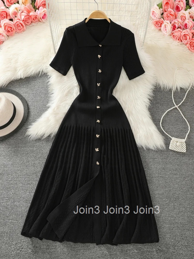 Summer New Womens Black Beige Single Breasted Knitted Long Dress Green Elegant Office Lady Short Sleeve Pleated Dress Chic
