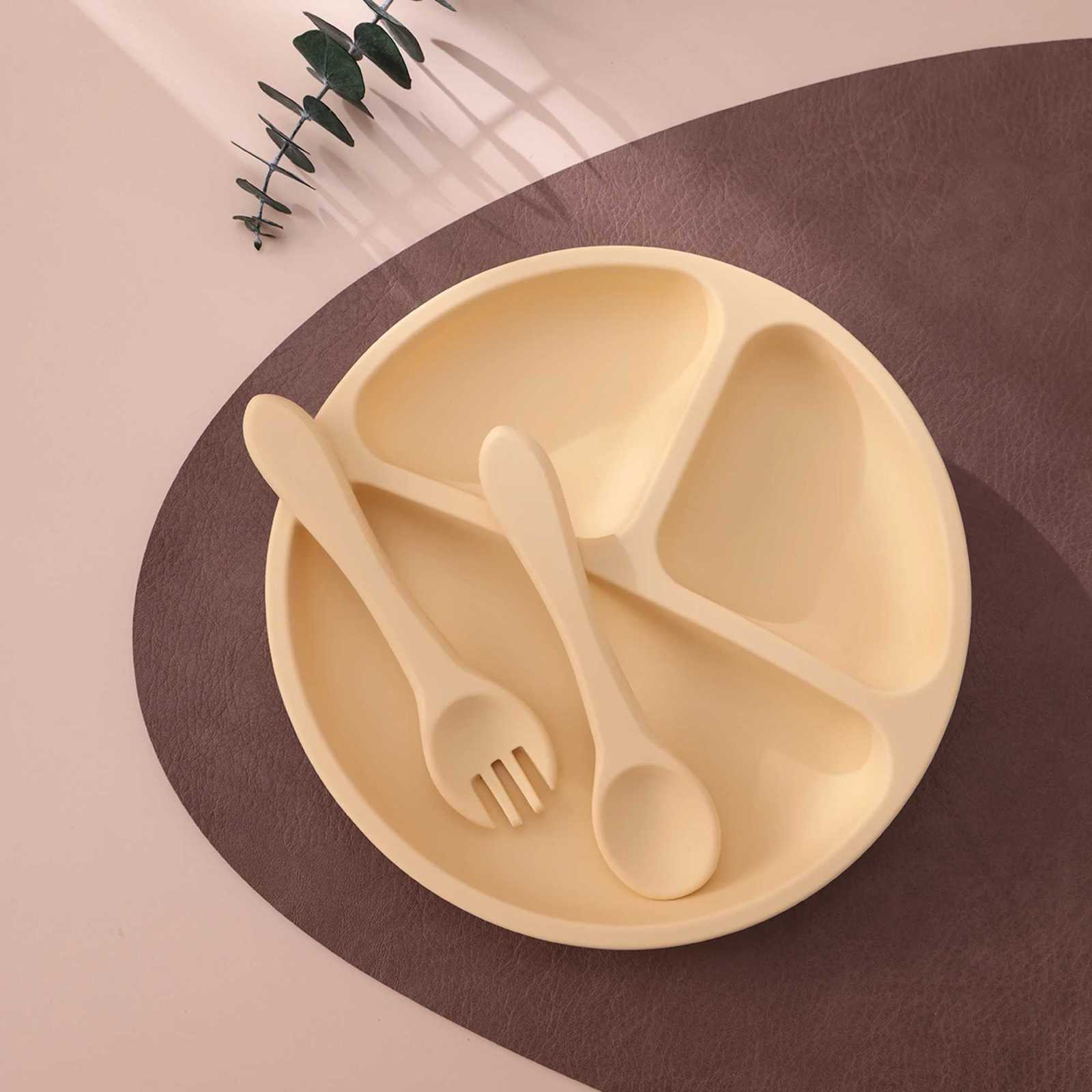 3PCS Silicone Baby Feeding Set Color Kids Suction Plate Wooden Spoon Fork BPA Free Training Tableware Dish Bowl Gift Set X250806