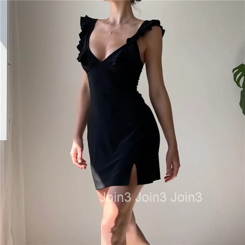 WhereMery Fashion Women Backless Sleeveless V-Neck Dress Elegant Ruffle Split Mini Summer Slim Party Clubwear Sexy Vestidos